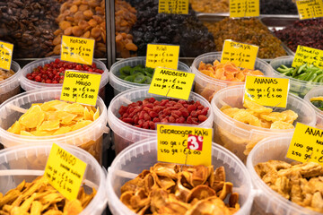 Seeds, nuts, dried fruits, sweet goods, snacks. Haagse Market in The Hague, Netherlands.