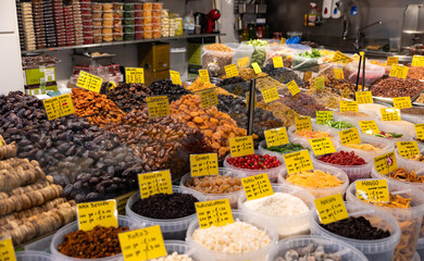 Seeds, nuts, dried fruits, sweet goods, snacks. Haagse Market in The Hague, Netherlands.