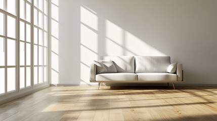 A living room featuring a modern, single sofa in a neutral color, placed on a polished wooden floor. The room is otherwise empty, emphasizing the minimalist aesthetic and open space