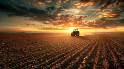 Fototapeta premium A photo of a red tractor in a freshly plowed field at sunset, symbolizing farming and rural life