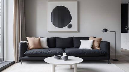 A low-profile living room setup with a simple black couch, a round white coffee table, and a single abstract artwork on the wall. Minimal decor with open space