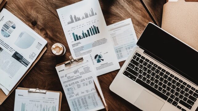 An overhead shot of a desk cluttered with financial reports and a laptop displaying a detailed business graph, capturing the essence of analysis and productivity in the workplace.