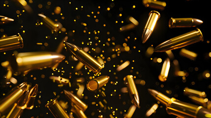 A realistic 8k gold bullets falling from the sky 