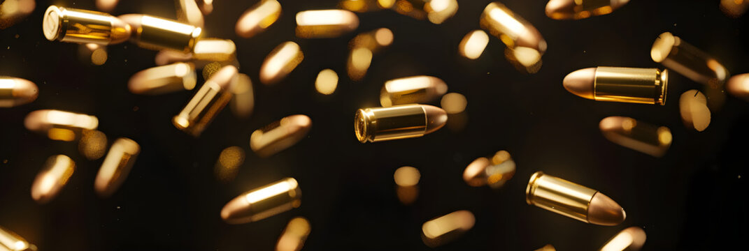 A realistic 8k gold bullets falling from the sky 