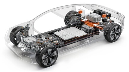 Transparent view of electric vehicle structure, highlighting complex battery system, motor components.
