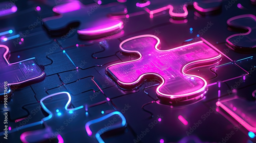 Aufkleber bright neon puzzle pieces connecting on a futuristic digital interface, symbolizing api integration