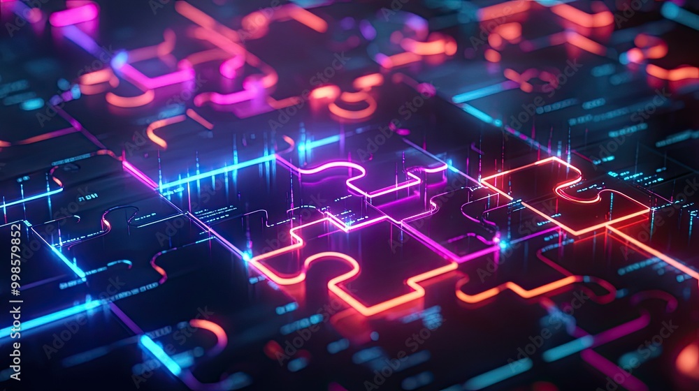 Poster bright neon puzzle pieces connecting on a futuristic digital interface, symbolizing api integration