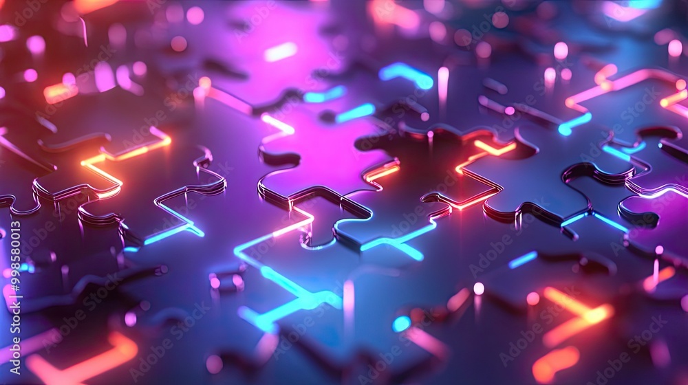 Poster bright neon puzzle pieces interlocking in a cyber environment, showcasing smooth api integration in 