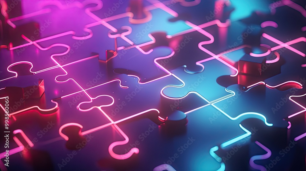Poster bright neon puzzle pieces interlocking in a cyber environment, showcasing smooth api integration in 
