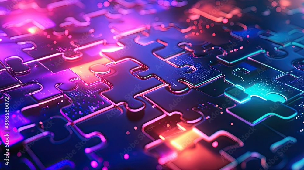 Poster bright neon puzzle pieces interlocking in a cyber environment, showcasing smooth api integration in 