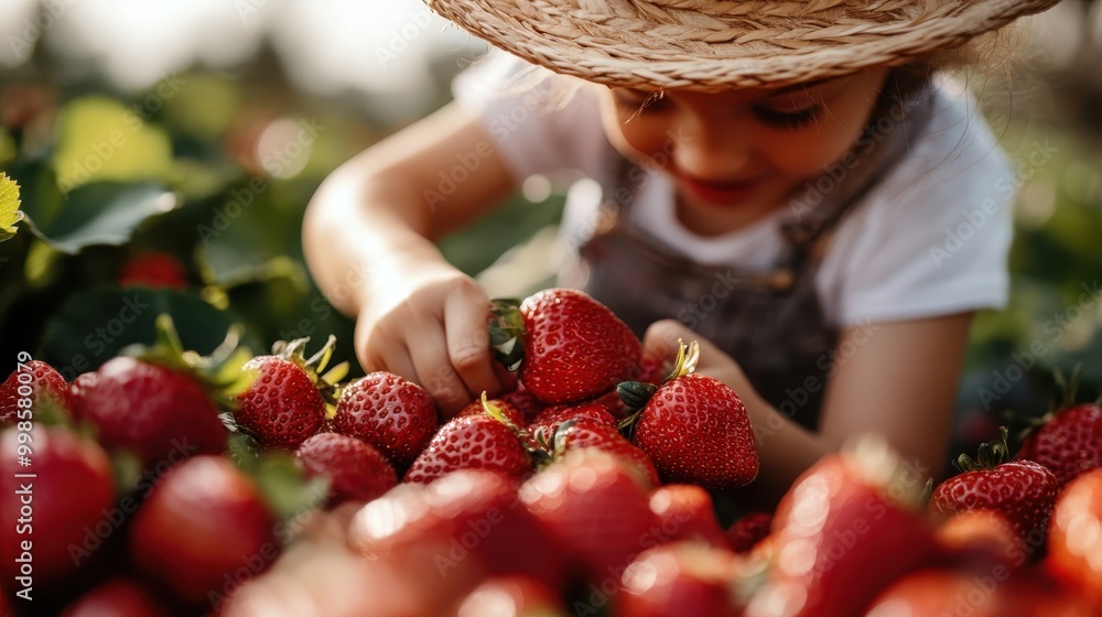 Wall mural young child, wearing a straw hat, harvests ripe, red strawberries nestled among green leaves in a la