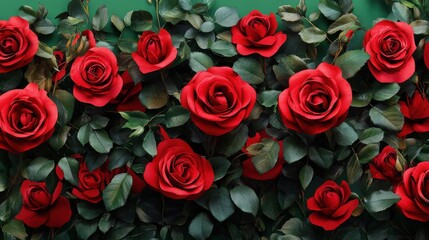 Obraz premium Beautiful red rose border with detailed petals and lush plant elements. The elegant floral patterns add a touch of romance and sophistication to any design