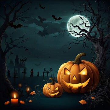Poster for Halloween with pumpkins and bats on it.