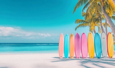 Colorful Paddleboards on White Sand Beach with Turquoise Sea and Palm Trees