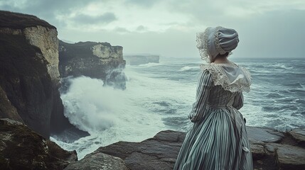A woman dressed in a traditional French Breton costume, standing on a rocky coastline with the Atlantic Ocean crashing against the cliffs.
