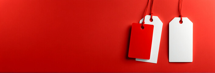 Red and white blank tag with space for text on a red background
