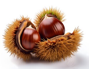 Autumn - Fresh chestnut fruits, Castanea, Horse Chestnut (Aesculus hippocastanum) on white background