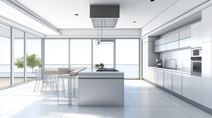 The 3D abstract sketch design of the interior kitchen, large window, central island, modern furniture, appliance, provide a unique perspective of the space