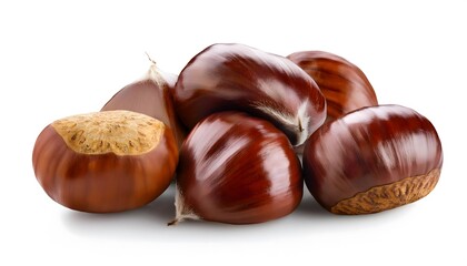 Obraz premium Autumn - Fresh chestnut fruits, Castanea, Horse Chestnut (Aesculus hippocastanum) on white background