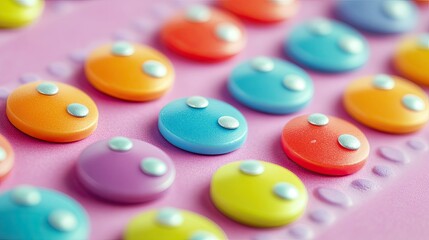 Candy buttons in bright colors, arranged on a strip of paper, creating a playful and fun pattern in a close-up shot