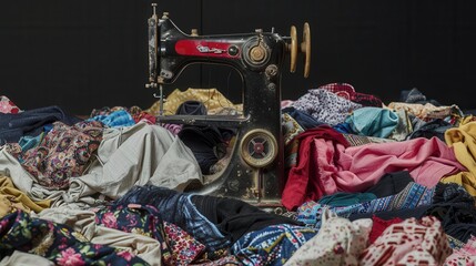 Sewing machine surrounded by low-quality fabrics and sweatshop imagery, portraying fast fashion exploitation