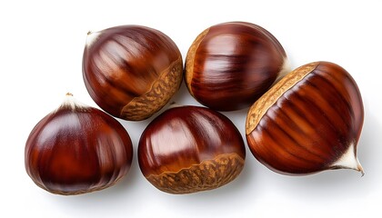 Autumn - Fresh chestnut fruits, Castanea, Horse Chestnut (Aesculus hippocastanum) on white background