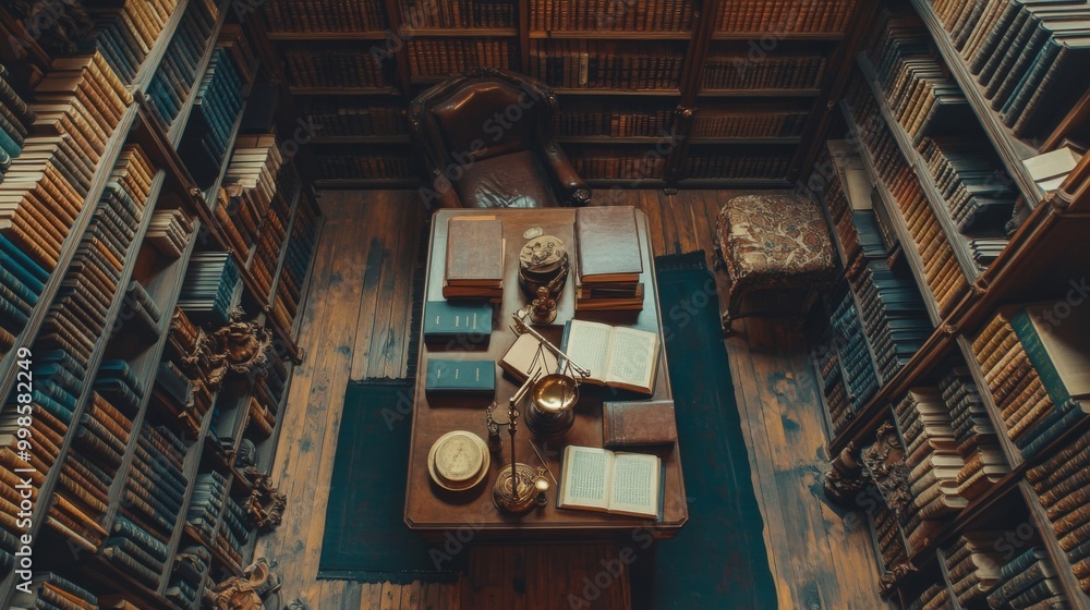 Poster an overhead view of a legal library filled with law books and a scale of justice on the table, symbo