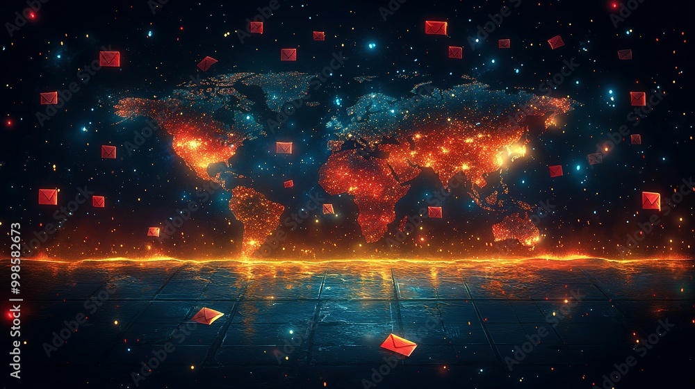 Poster a glowing world map with red envelopes falling from the sky, resembling a digital network.