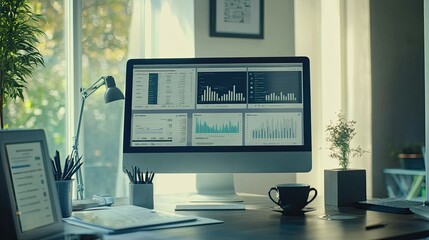 Clean workspace with desktop monitor displaying business software, cup of coffee, and financial reports.