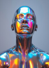 Holographic sculpture of a person with flowing liquid. Chrome texture