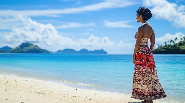 A woman dressed in a traditional Fijian tapa cloth dress, standing on a sandy beach with the ocean and distant islands behind her.