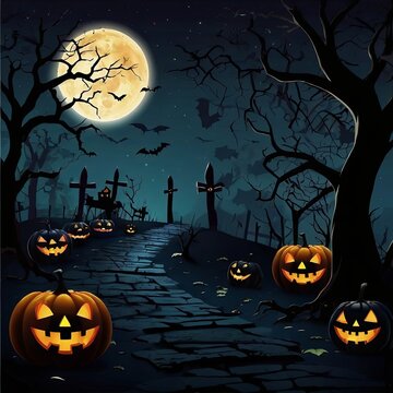 Poster for Halloween with pumpkins and bats on it.