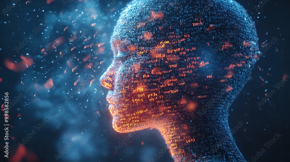Poster a digital human profile composed of glowing data particles, representing the fusion of technology an