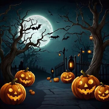 Poster for Halloween with pumpkins and bats on it.