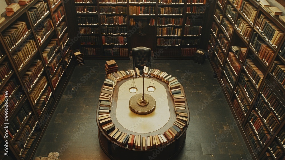 Poster an overhead view of a legal library filled with law books and a scale of justice on the table, symbo