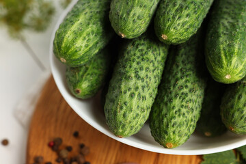 Fresh green cucumbers in bowl on white table, closeup