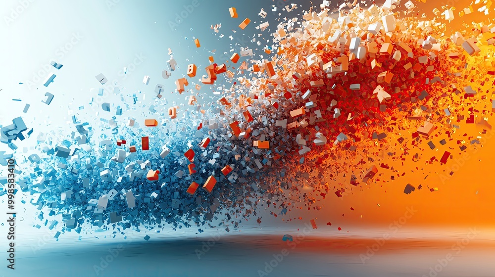 Aufkleber dynamic explosion of colorful particles in red, blue, and orange on a smooth background, creating a 