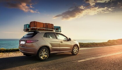 Car with luggage on the roof ready for summer vacation