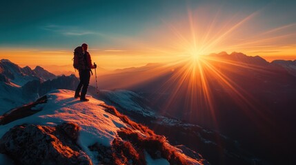 Fototapeta premium A hiker stands on a snowy peak, admiring a vibrant sunrise over distant mountains.