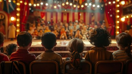 A group of children excitedly sit in a theater observing a circus show