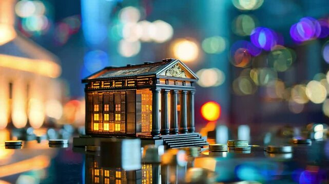 Mini bank model on the table with stock market background, financial institutions that control monetary and fiscal policy and interest rate	