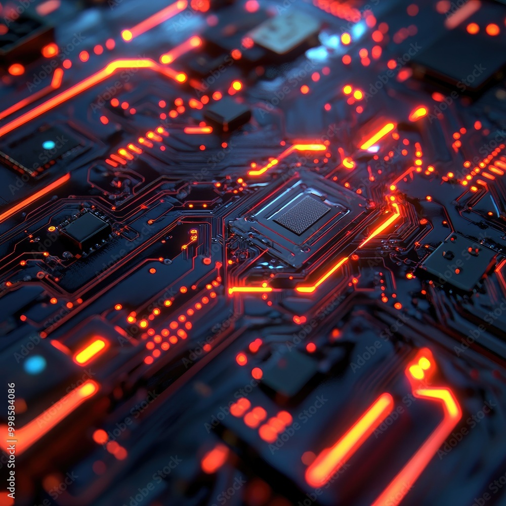 Poster close-up of a modern microchip with glowing circuits, representing cutting-edge technology.