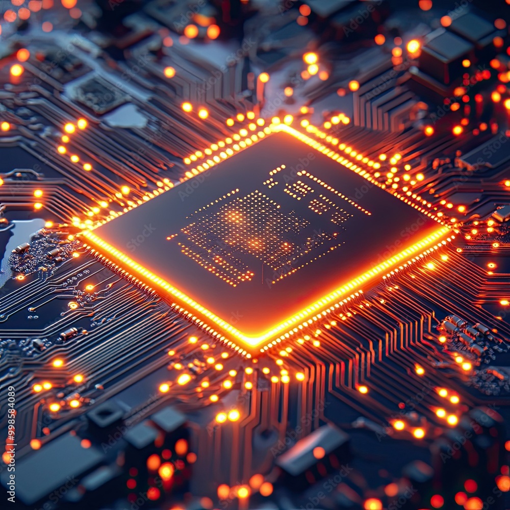 Poster close-up of a modern microchip with glowing circuits, representing cutting-edge technology.
