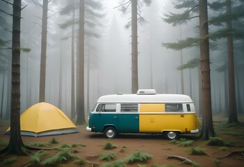 A white camper van parked next to a yellow tent in a forested area with pine trees