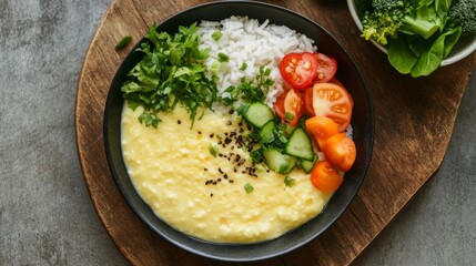An overhead view of a steaming bowl of egg custard served with a side of rice and fresh vegetables, illustrating a wholesome and balanced meal.