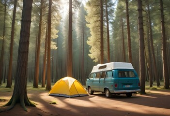 A white camper van parked next to a yellow tent in a forested area with pine trees