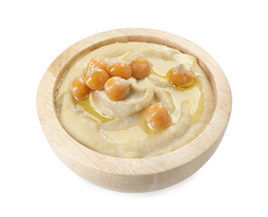 Delicious hummus with olive oil and chickpeas isolated on white