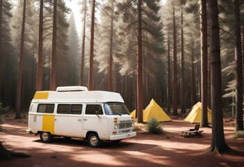 A white camper van parked next to a yellow tent in a forested area with pine trees