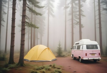 A white camper van parked next to a yellow tent in a forested area with pine trees