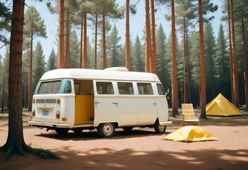A white camper van parked next to a yellow tent in a forested area with pine trees